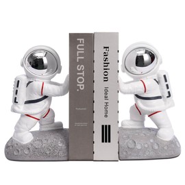 Kakizzy Space Theme Bookends - Astronaut Kids Book Stoppers, Heavy Duty Resin Bookends for Shelves (D-Silver Color)