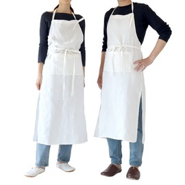 [Family Storage] 100% French Linen Material-focused Long Apron Covers the hips Natural material Cafe-style With pockets Neck-tie Simple Plain Stylish No-iron Salon For cooking classes Linen Unisex