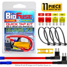 BioFuse 12 AWG Micro2 APT ATR Quick TAP KIT: 2 Add-A-Circuit Car Fuse Tap Adapters, 2 Each (10A 20A) Micro 2 Blade Fuses, 4 Zip Ties + Fuse Puller