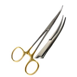 ArTLaB-Dog Pet Ear/Nose Hair Puller Grooming and Tick Removing Hemostat Locking Forceps Pliers, 5.5" (14cm), Straight Curved Forceps (Curved Gold Ring 5.5")
