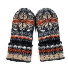 Warm Women Knit Mittens 100% Icelandic Wool Fleece Lined by Freyja Canada, Black, Orange, Grey, One Size
