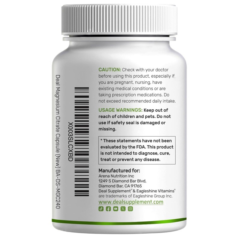 DEAL SUPPLEMENT Magnesium Citrate 500mg, 240 Capsules | Easily Absorbed,