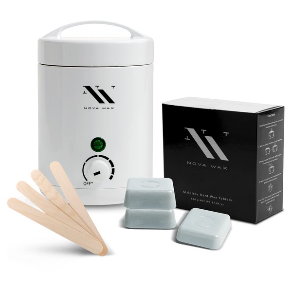 NOVA Hard Wax Melt Warmer - Mini Wax Warmer for Hair Removal 4oz / 125g, Hard Wax Tablets 1.1lb Pack and Waxing Sticks – Ideal Waxing Kit for Women – Perfect for Face, Body and Sensitive Areas