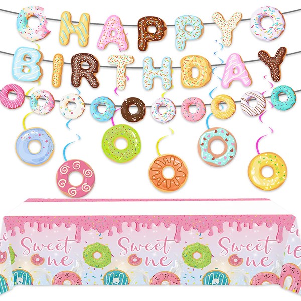 Donut Party Decorations Happy Birthday Banner Garland and Hanging Swirls