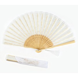 GeGeYa Silk Lace Folding Fan,Carved Bamboo Ribs Hand Fan Foldable with Tassel and Pouch,Chinese Fan for Bridal Accessory,Wedding Guest,Bridesmaid Gift,Party,Dancing,Decoration (White)