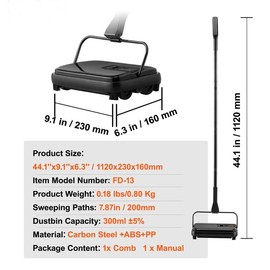 VEVOR Walk-behind Hand Push Floor Sweeper, 25.6" Sweeping Width Floor Sweeper Manual Non-Electric, 5-Gallon Waste Container, Angle & Height Adjustable Folding Handle for Walkway, Yard, Garage, Patio:_7.87'' Sweeping Paths with 300 ml Dustbin Capacity