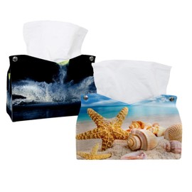 2 Pack Tissue Box Cover Holder, Starfish and Seashells on The Beach Rectangle Leather Tissue Case, Decorative Organizer for Tabletop, Bathroom, Car, Office