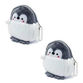 WisePoint Coin Purse, 2PCS Plush Coin Pouch Cute Coin Holder for Women, Penguin-Shaped Change Purse with Keychain and Zipper for Shopping, Traveling, Dating, Walking (Gray)