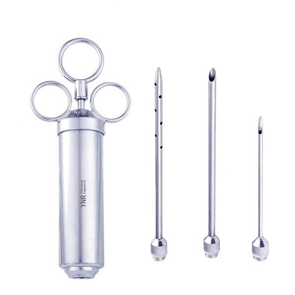 YNR 304 Stainless Steel Seasoning Meat Injector Kit 2-oz Large Capacity Barrel 3 Needles 4 Spare O-Rings Professional Marinade Flavour Food Juices Minced Syringe Kit for Beef Chicken Turkey