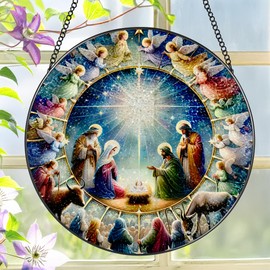 Stained Glass Window Hanging, LAOWEIKI 8'' Nativity Scene Suncatcher, Stained Glass Ornament, Window Decor, Outdoor or Indoor, Christian Gifts, Religious Gifts for Women