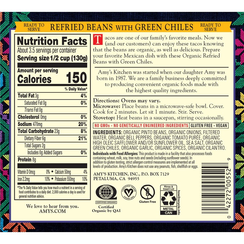 Amy's Organic Refried Beans Canned, Mild with Green Chiles, Vegan