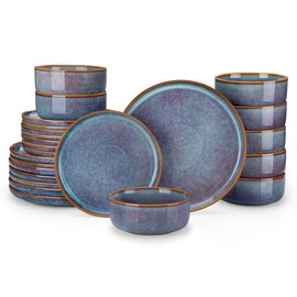 vancasso PLAYA Plates and Bowls Sets, 24 Pieces Grey-Blue Dinnerware Sets for Kitchen, Reactive Glaze Dishes Set for 8, Dishwasher and Microwave Safe