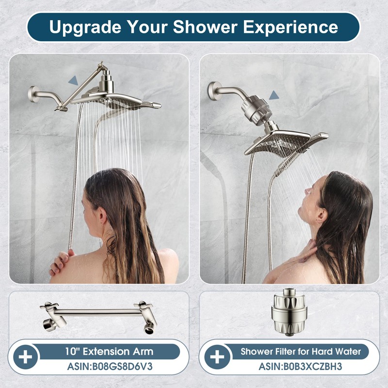 BRIGHT SHOWERS High Pressure Brushed Nickel Shower Heads Combo with