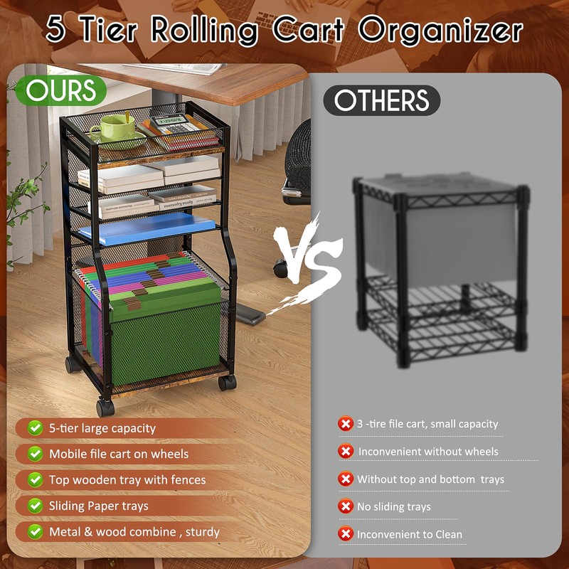 3IngSeagulls 5-Tier Rolling File Cart with Hanging File Folders, Mobile