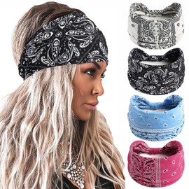 STGDAK Wide Headbands Paisley Print Boho Headbands Stretchy Hair Wraps Knotted Hair Bandana Non Slip Turban Hairband Workout Yoga Bandana African Sweatbands For Women 4 Pack