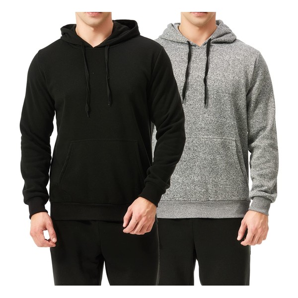 TEX2FIT 2-Pack Men’s Fleece Hoodies, Pullover Sweatshirt Hoodie with Front Kangaroo Pockets (Black/Light Grey, Large)