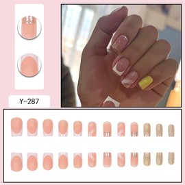 French Tip Press on Nails Short Square Fake Nails Glossy False Nails with Glitter Designs Full Cover Acrylic Nails White Square Nail Tips Glue on Nails Reusable Artificial Nails for Women Girls