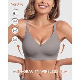 Vertvie Wireless Bras for Women Full Coverage Push Up Bra Support Seamless No Underwire Molded Cup Padded Sports Bralettes(Grey,Large)