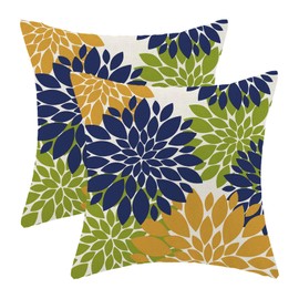 Navy Blue Summer Outdoor Pillow Covers 18x18 Inch Set of 2 Mustard Yellow Green Dahlia Floral Decor Throw Pillows Modern Geometry Flower Decorative Cushion Cases for Sofa Couch Bed Decorations