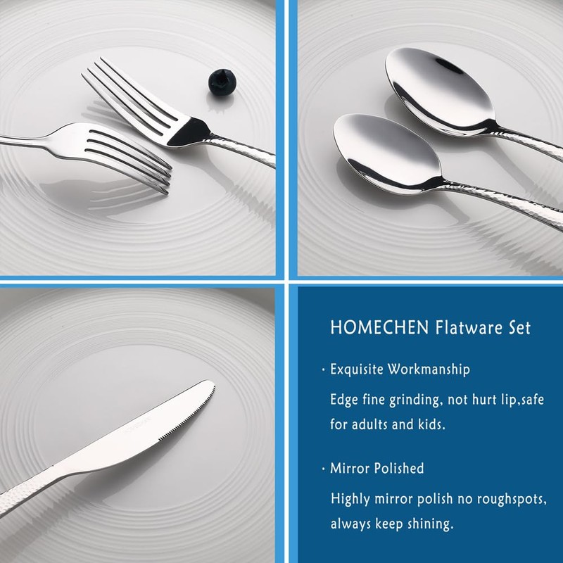 HOMECHEN 20-Piece Hammered Stainless Steel Flatware Set - Food-Grade Silverware