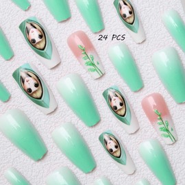 24 PCS Press on Nails Cartoon Girl Fake Nails Leaf Fake Nails Medium Fake Nails Gifts for Women and Girls (No.106)