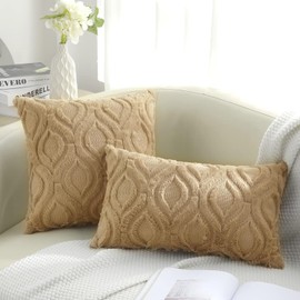 decorUhome Set of 2 Faux Fur Cushion Covers 30x50 cm, Decorative Soft Plush Fluffy Velvet Cushion Cover 12X20 Inch, Rectangle Boho Neutral Pillow Case for Sofa, Taupe