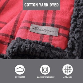 Eddie Bauer - Throw Blanket, Cotton Flannel Home Decor, All Season Reversible Sherpa Bedding (Kettle Falls Red/Black, Throw)