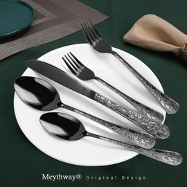 Meythway 40-Piece Vintage Carved Black Silverware Set for 8, Stainless Steel Flatware Set with Knife/Fork/Spoon, Cutlery Set for Home and Kitchen, Utensil Set with Dishwasher Safe