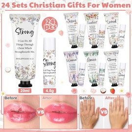 Loopeer Juego de 24 juegos de crema de manos cristiana a granel y bálsamo labial para mujeres, tamaño de viaje religioso, hidratante, cuidado de labio