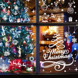 Whaline 352Pcs Christmas Window Clings Stickers Double-Sided Merry Christmas Tree Snowflake Window Decals White Holiday PVC Stickers for Home Shop Window Glass Display Decoration, 9 Sheets