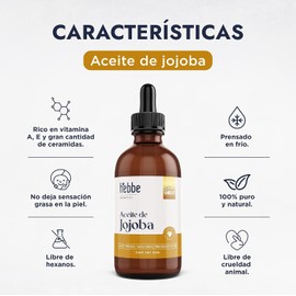 HEBBE Aceite De Jojoba 50 ml Orgánico Prensado En Frío Para Piel Y Cabello Hidratante Facial Para Piel Mixta Y Grasa Regula Sebo Fortalece Cabello