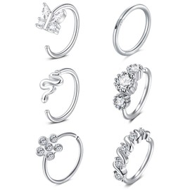 MODRSA Nose Rings Hinged Clicker Nose Piercing Stainless Steel Diamond CZ Nostril Jewellery Nose Hoop Rings Silver