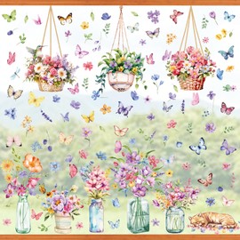 PAIVSUN Spring Window Clings, Window Stickers for Spring, Window Decoration with Flowers Butterfly Hummingbird Cat, Spring and Summer Decor for Home/Office/School