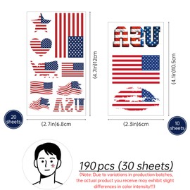 190 pcs (30 sheets) American Flag Tattoos, VEINARDYL Waterproof Sweat USA Temporary Tattoo, Sports National Flag Removable Face Tattoo Stickers for Men Women