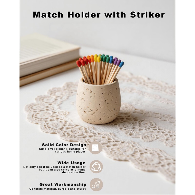 Concrete Match Holder with Striker, 2.7" x 3" Decorative Matchstick