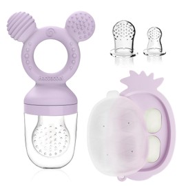 HAOBAOBEI Teething Toys, Baby Fruit Foof Feeder, Breastmilk Popsicle Molds for Baby Cooling Relief (Purple, Mini Mouse)
