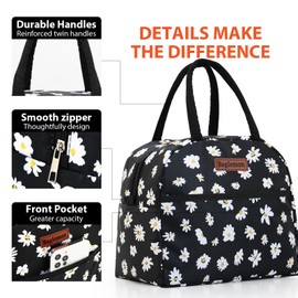 Baglemon Insulated Lunch Bag for Women Men, Lunch Containers Reusable High Capacity Lunch Tote Bags for for Work Picnic(Black Daisy)