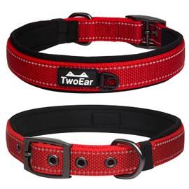 TwoEar Heavy Duty Dog Collar, Comfy Adjustable Soft Neoprene Padded Reflective Pet Collars with Metal Buckle for Small/Medium/Large Dog Breeds(L, Red)