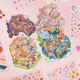 4 Sets Big 3D Sticker Scene DIY House Sticker Your Own Make Warm Mini Home Fun Animal Castle Librarie Scene Stickers for Adult Teens Art Stickers Relief Stress Pass The Time