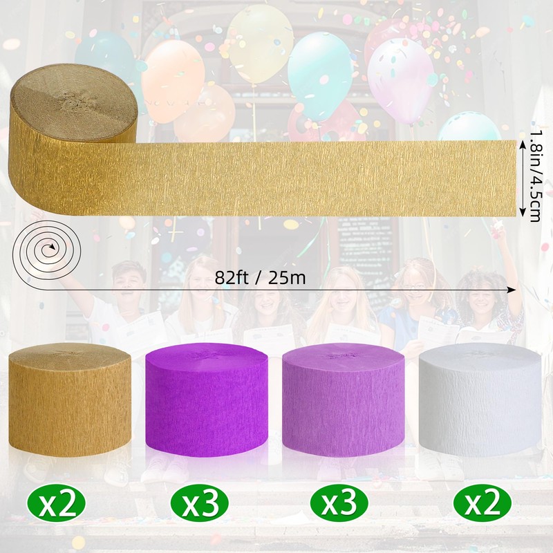10 Rolls Purple-Gold Party Decorations, Christmas Crepe-Paper Streamers