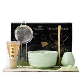 Matcha Set, Matcha Whisk Set, Matcha Bowl with Spout and Whisk, Matcha Scoop, Sifter, Spoon holder, Tea Towel, Chasen Holder - 7pcs Perfect Matcha Kit for Matcha Tea Ceremony (Green)