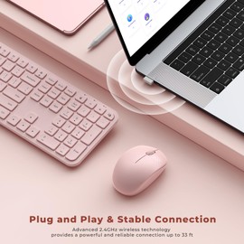 Wireless Keyboard and Mouse Combo - seenda Full Size 2.4G USB Wireless Keyboard Mouse Set, Quiet Cordless Computer Keyboard Mouse for Windows, Laptop, PC - Pink