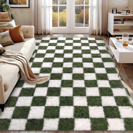 FALARK Soft Rug for Bedroom, 6x9 Olive Green and White Area Rug Classic Checkered Shaggy Rug Anti-Skid High Pile Soft Fluffy Rug Fuzzy Carpet for Living Room Bedroom Kids Room Nursery, Dorm Home Decor