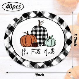 JarThenaAMCS 40Pcs Fall Oval Paper Plates Black White Plaid Pumpkin Dinner Plates Autumn Disposable Tableware for Thanksgiving Party Dinnerware Decor Supplies, 9 x 7.7 in