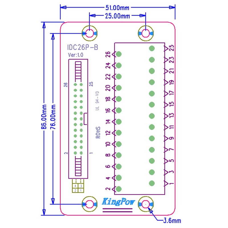 Molence IDC26 2x13 Pins 0.1" Male Header Breakout Board, C45