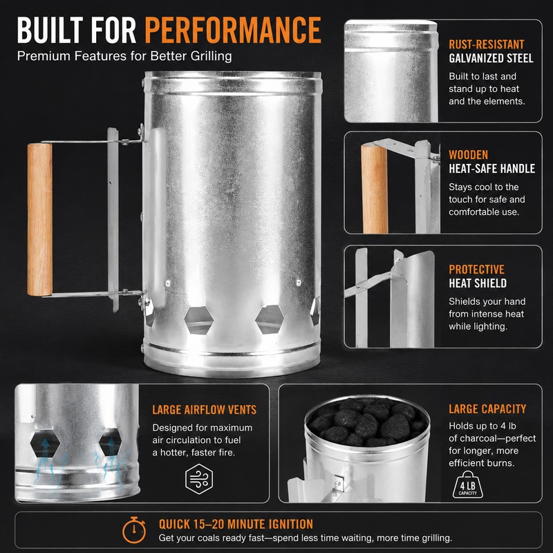 Charcoal Chimney Starter for BBQ Grilling – Metal Fire Lighter