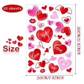 NEBURORA 348 Pcs Valentine's Day Window Clings PVC Stickers 12 Sheets Valentine Hearts-Shape Window Glass Decal for Valentine's Party Decorations
