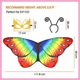 AUTOWT Girls Fairy Butterfly Wings Costumes - 4Pcs Little Girls Dress Up with Rainbow Tutu Skirt and Headband for 3-9 Years Kids Photography Birthday Dance Party Surprise