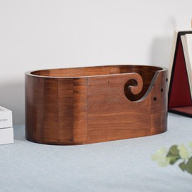 Yarn Bowl for Knitting,Oval Wooden Bowl with Carved Holes Crochet Hook Rests - Wooden Weaving Thread Bowl Yarn Holder Dispenser for Knitting, Crocheting and Macrame