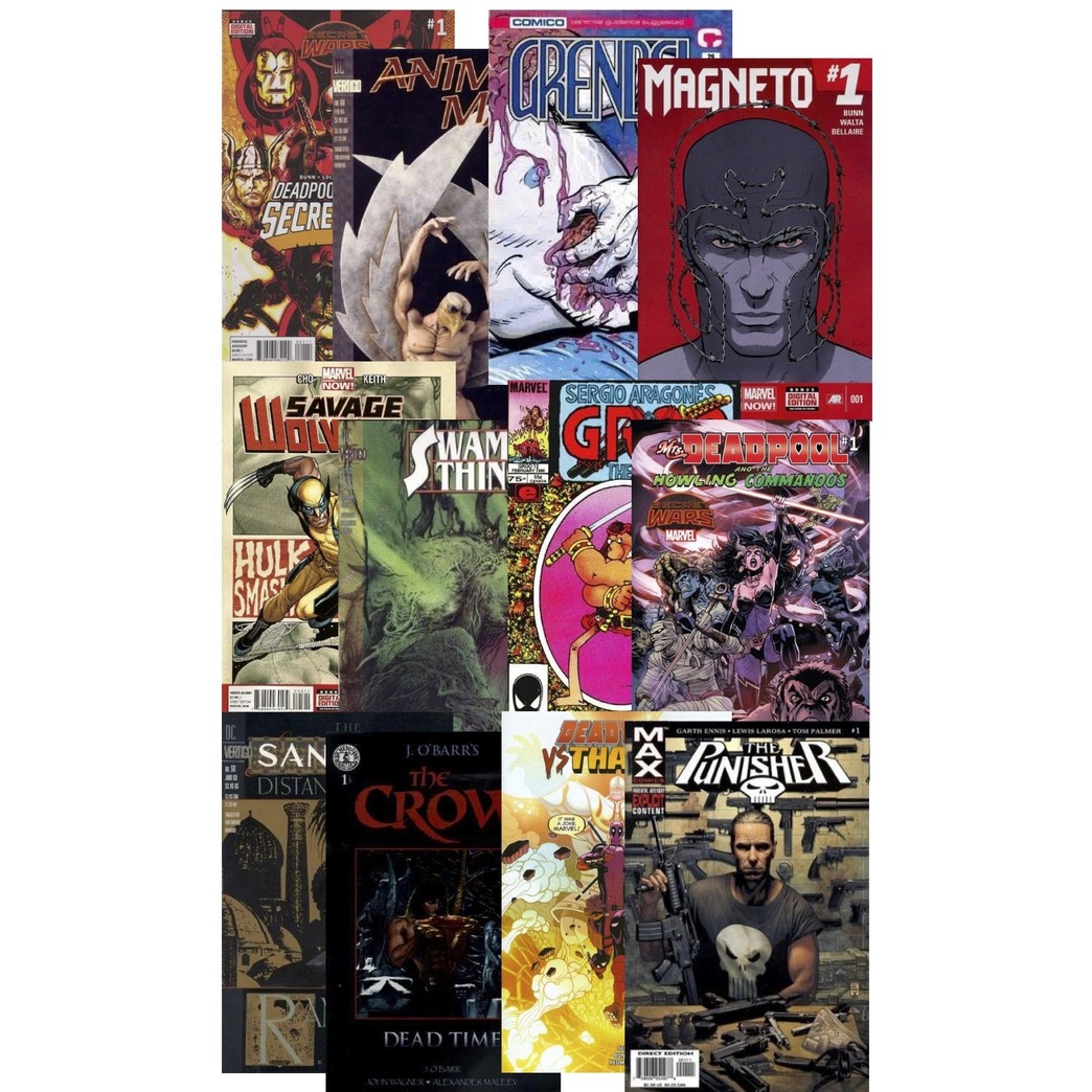 Kersplat! Comics 25 Parental Guidance Comic Books Grab Bag Collection from DC, Marvel & More. Mature SITUATIONS, Violence, Blood & Gore 17+ ~ Guaranteed at Least 1 Deadpool Comic in Every Pack